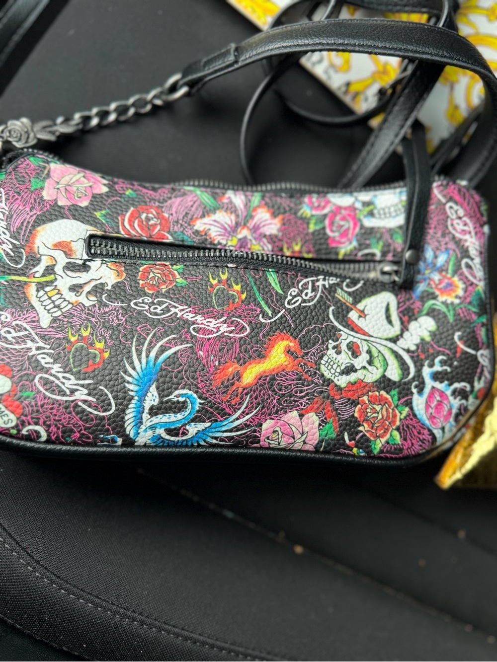 Ed Hardy Black Multi-Color Floral & Skull Crossbody - Picture 2 of 4